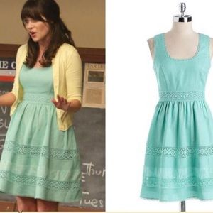 Mint green a line dress.Seen on Zooey Deschanel on New Girl.